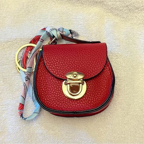 Red Mini Saddle Bag with Scarf Coin Purse / Purse Charm / Keychain. - Picture 3 of 6